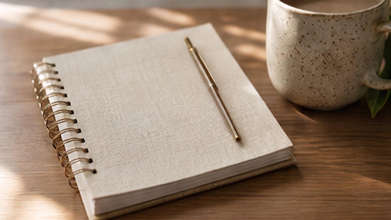 A blank linen notebook and a gold pen on a sunlit wooden table, beside a speckled stoneware mug.